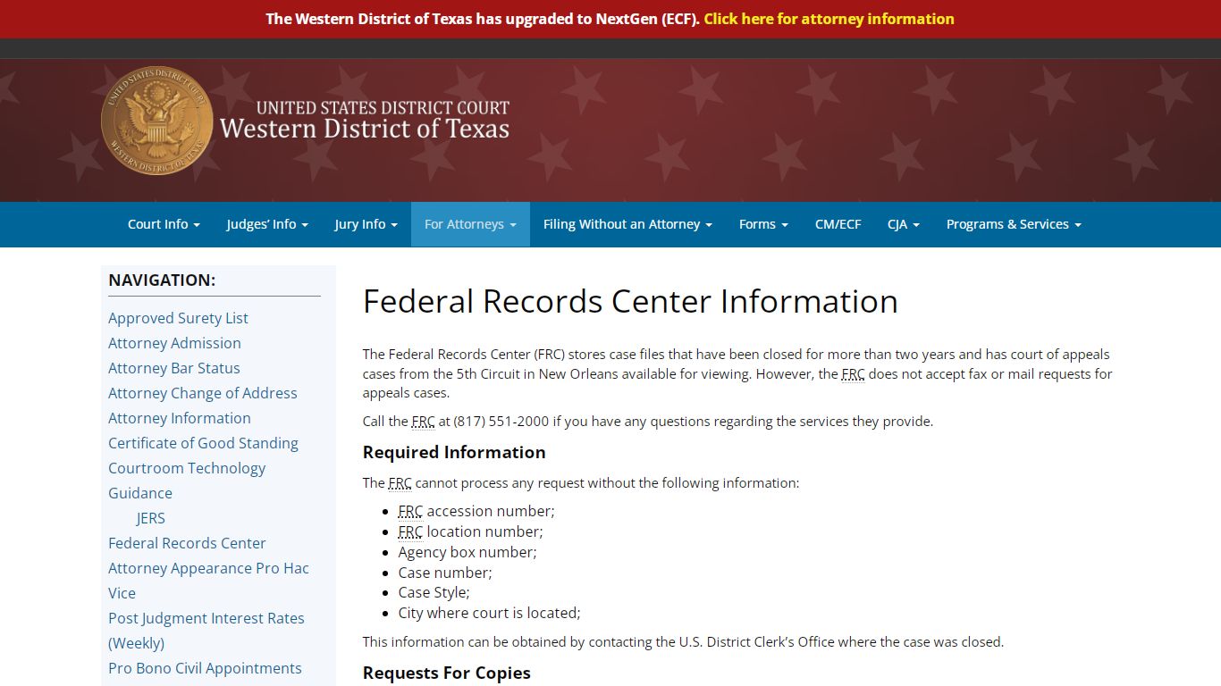 Federal Records Center Information – U.S. District Court